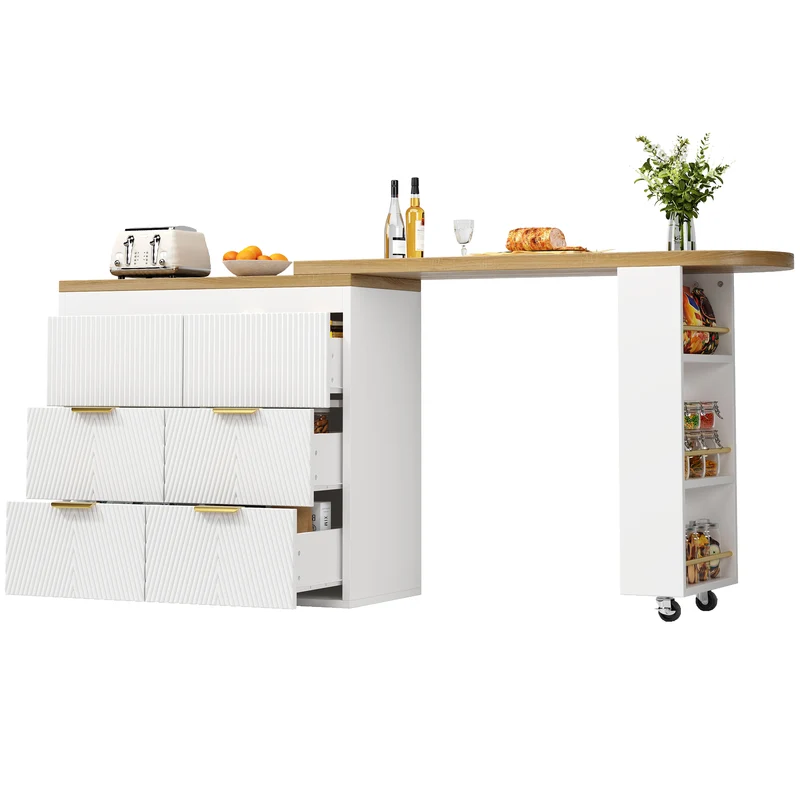 Table de bar extensible blanc effet bois, 360° pivotant et 6 tiroirs 128-203cm CASCADEMOMENTUU