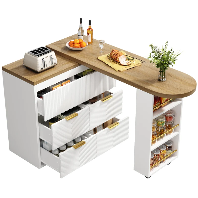 Table de bar extensible blanc effet bois, 360° pivotant et 6 tiroirs 128-203cm CASCADEMOMENTUU