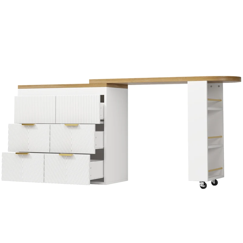 Table de bar extensible blanc effet bois, 360° pivotant et 6 tiroirs 128-203cm CASCADEMOMENTUU