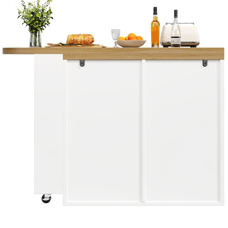 Table de bar extensible blanc effet bois, 360° pivotant et 6 tiroirs 128-203cm CASCADEMOMENTUU