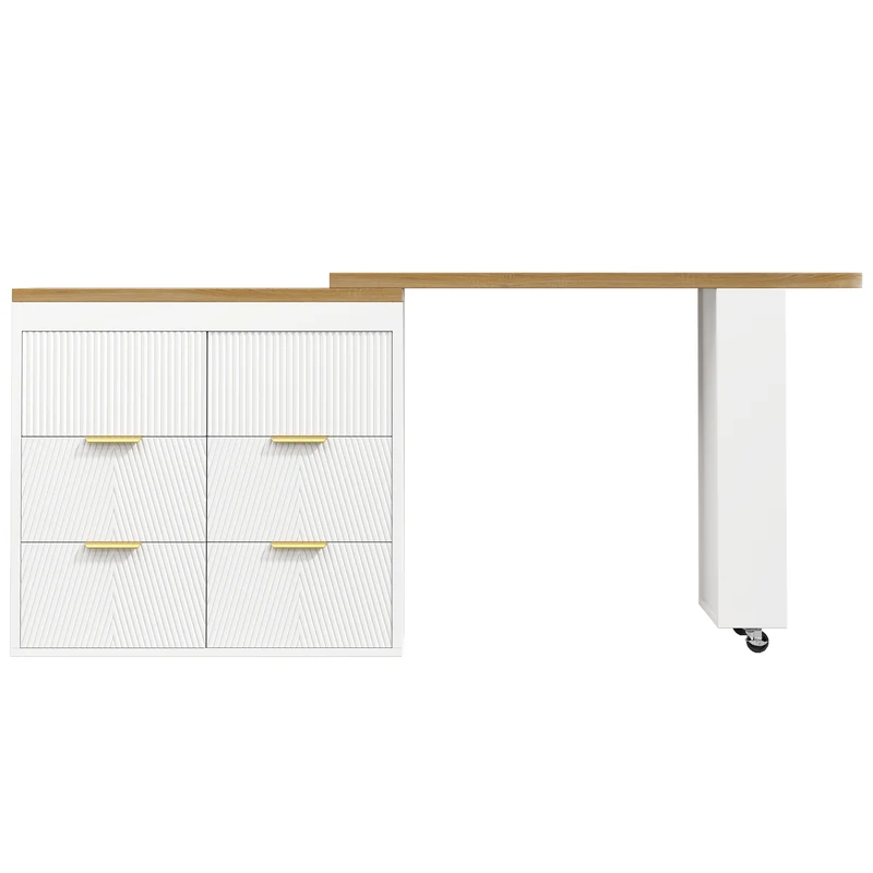 Table de bar extensible blanc effet bois, 360° pivotant et 6 tiroirs 128-203cm CASCADEMOMENTUU
