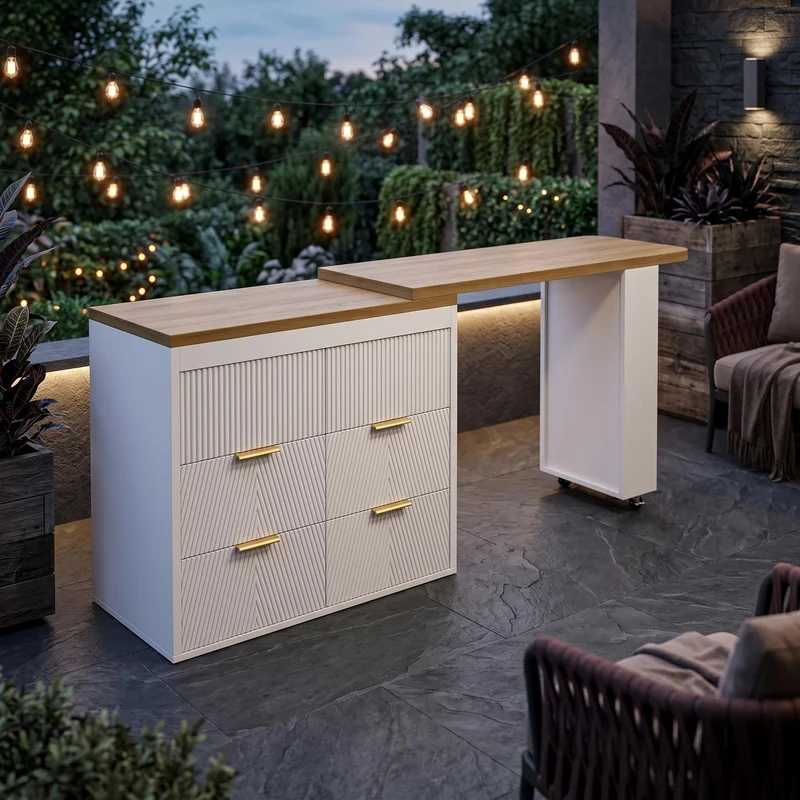 Table de bar extensible blanc effet bois, 360° pivotant et 6 tiroirs 128-203cm CASCADEMOMENTUU