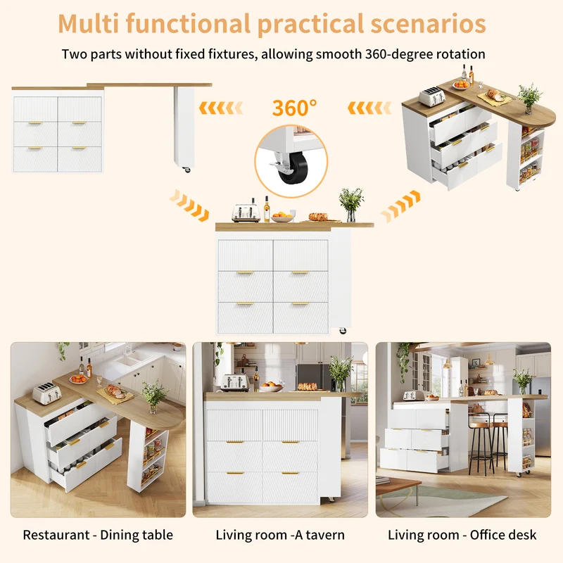 Table de bar extensible blanc effet bois, 360° pivotant et 6 tiroirs 128-203cm CASCADEMOMENTUU