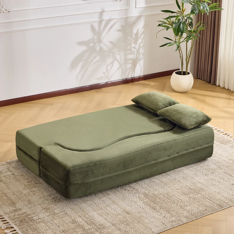 Canapé-lit 2 places convertible incurvé en velours vert olive 180x55cm, sans montage CASCADERIFTZ