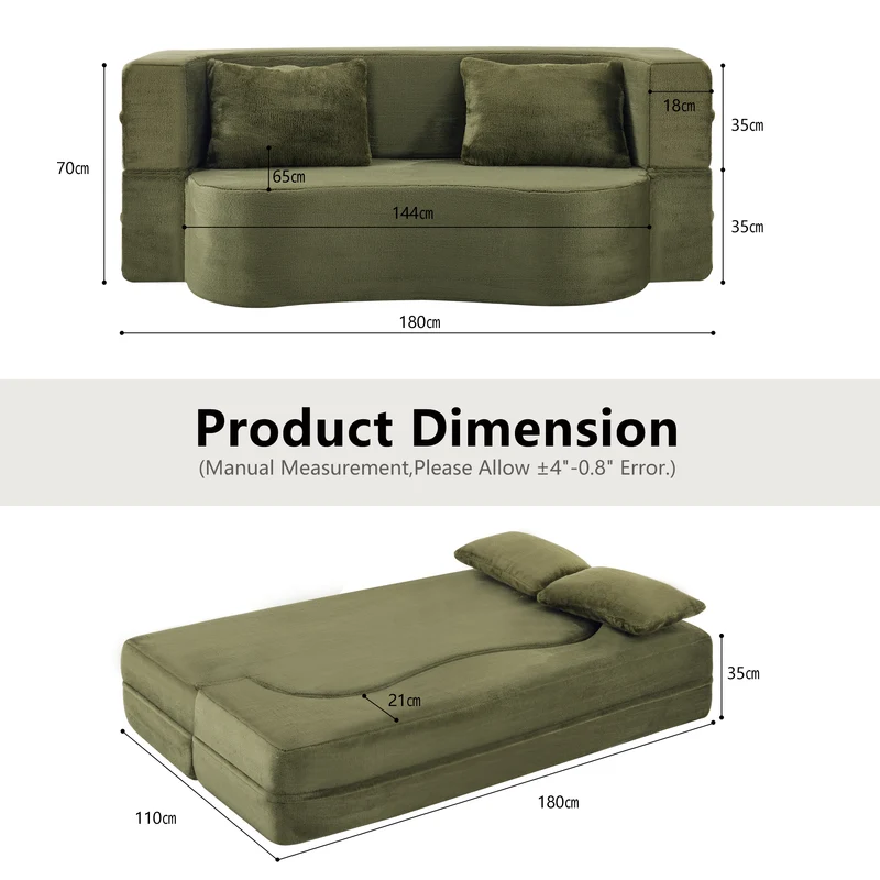 Canapé-lit 2 places convertible incurvé en velours vert olive 180x55cm, sans montage CASCADERIFTZ