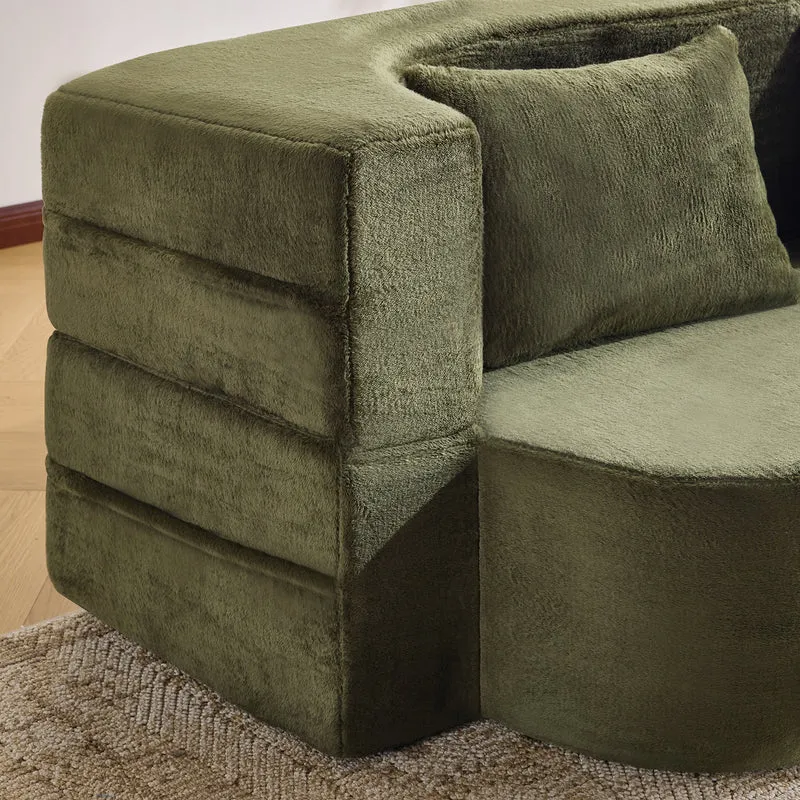 Canapé-lit 2 places convertible incurvé en velours vert olive 180x55cm, sans montage CASCADERIFTZ