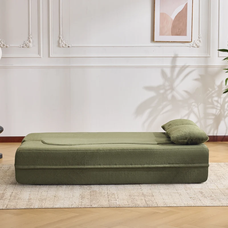 Canapé-lit 2 places convertible incurvé en velours vert olive 180x55cm, sans montage CASCADERIFTZ