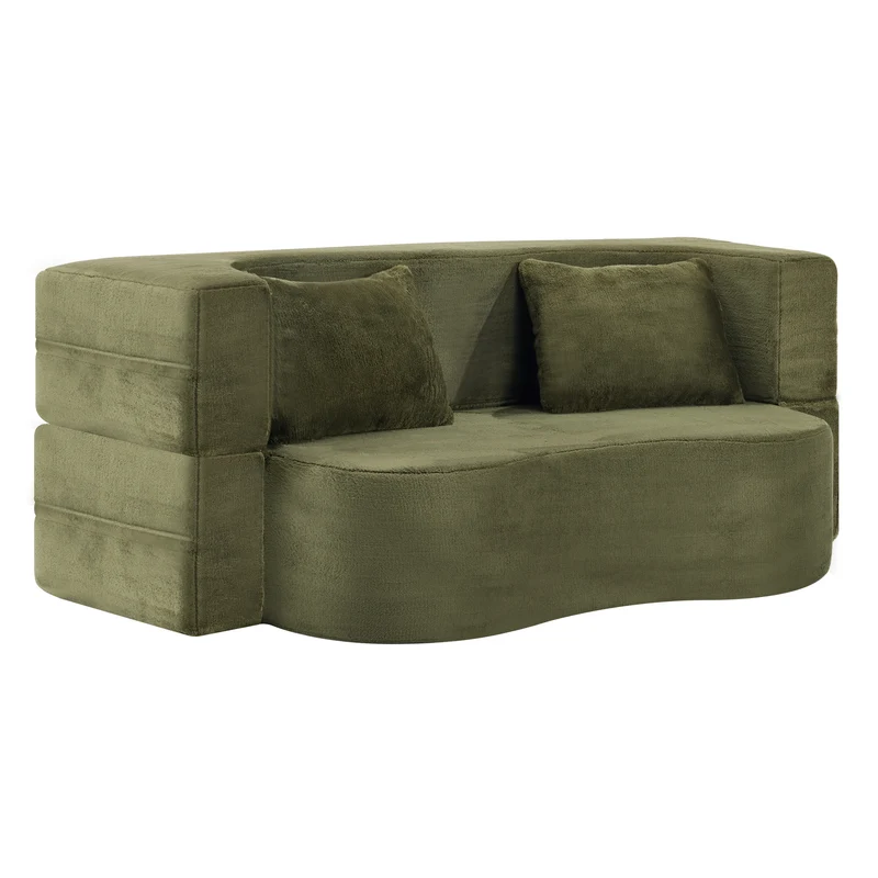 Canapé-lit 2 places convertible incurvé en velours vert olive 180x55cm, sans montage CASCADERIFTZ