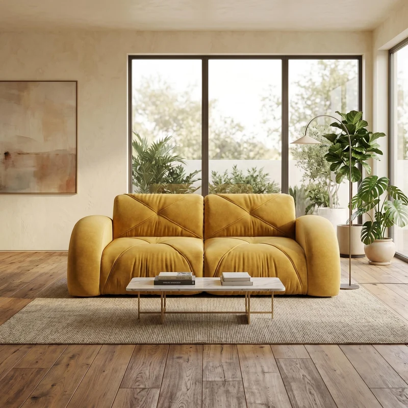 Canapé 2 places tissu chenille jaune moutard design articulé sans montage MOMENTUMRIFTXX