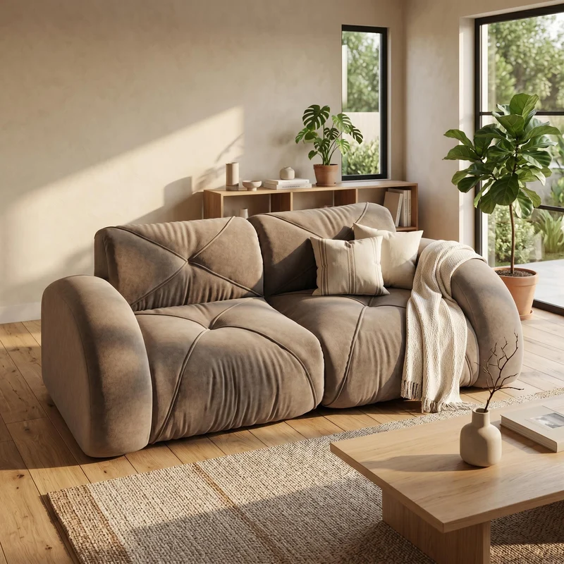 Canapé 2 places tissu chenille taupe design articulé sans montage MOMENTUMINFINIXX