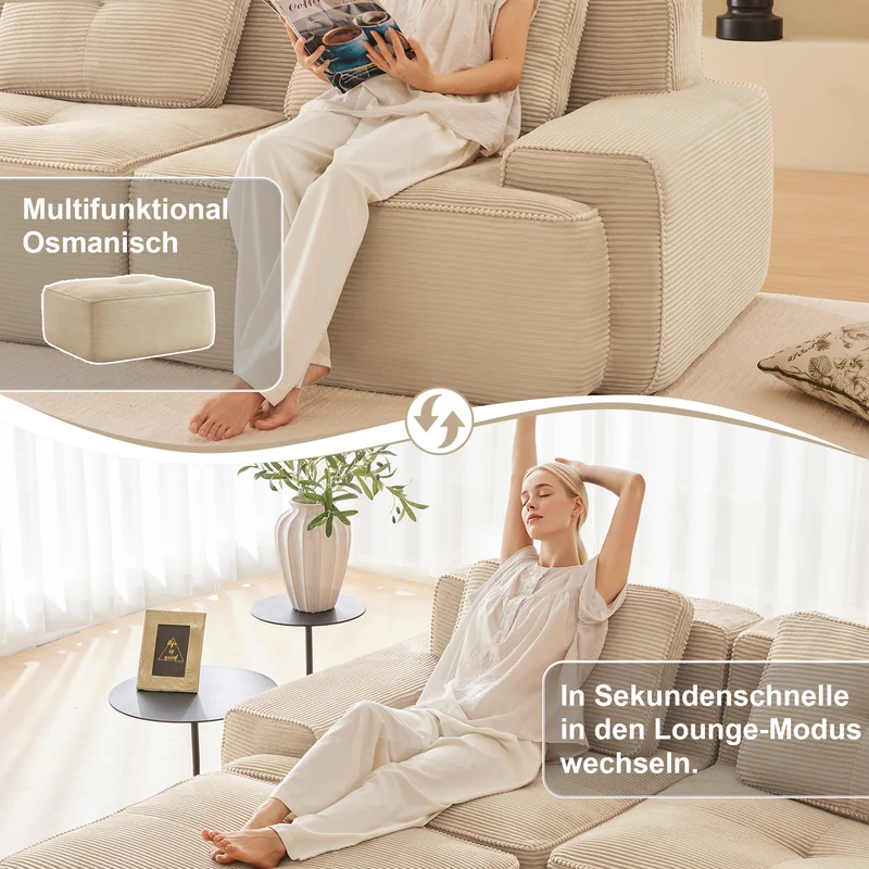 Canapé d'angle modulable 3 places en velours côtelé beige, sans montage MOMENTUMNEXUSA