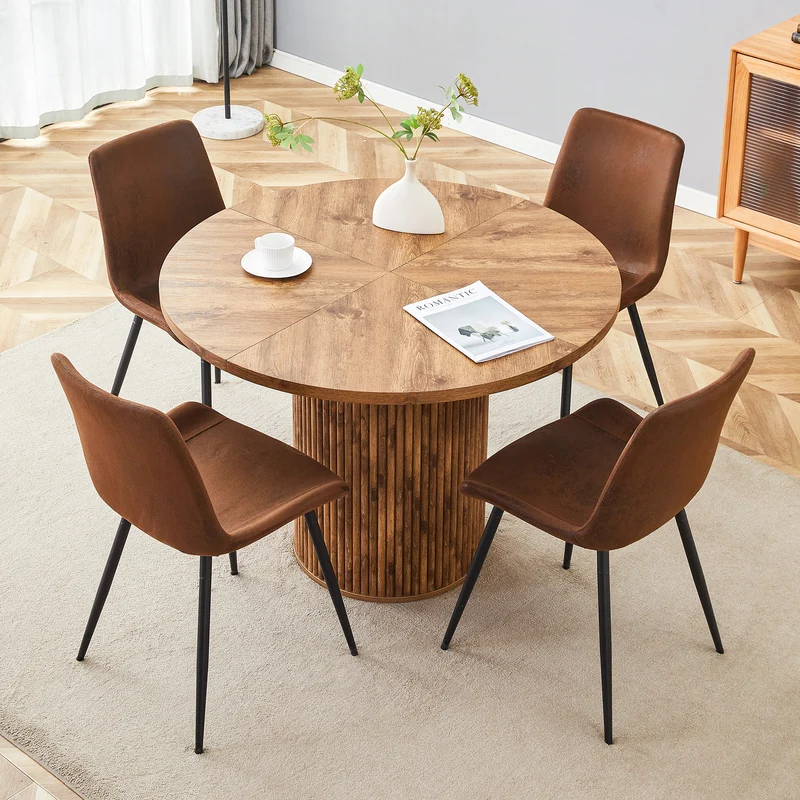 Ensemble de table à manger ronde effet bois 100 cm avec 4 chaises tissu marron MYSTICARA