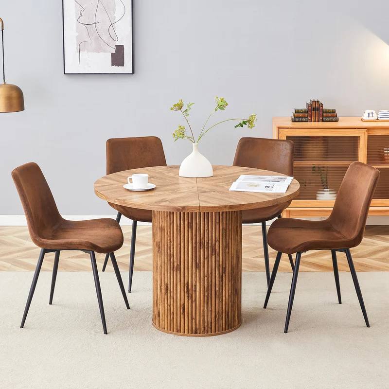 Ensemble de table à manger ronde effet bois 100 cm avec 4 chaises tissu marron MYSTICARA
