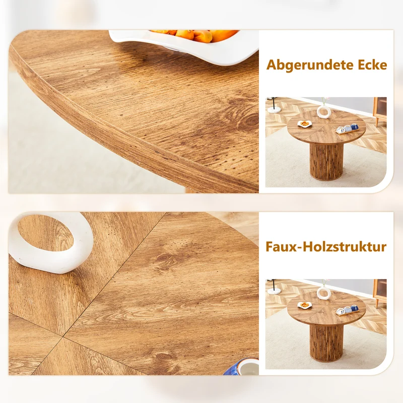 Ensemble de table à manger ronde effet bois 100 cm avec 4 chaises tissu marron MYSTICARA