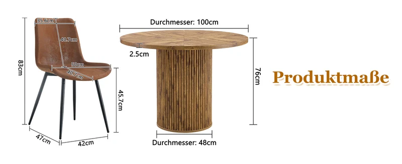 Ensemble de table à manger ronde effet bois 100 cm avec 4 chaises tissu marron MYSTICARA