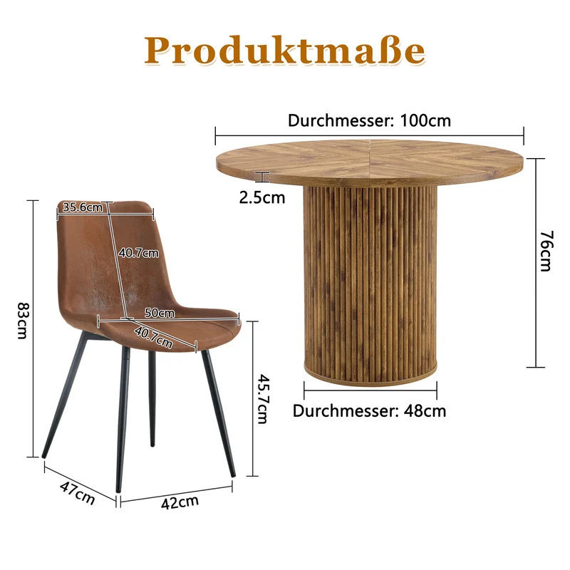 Ensemble de table à manger ronde effet bois 100 cm avec 4 chaises tissu marron MYSTICARA