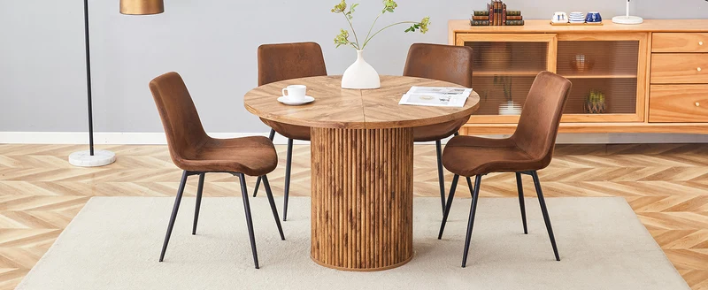 Ensemble de table à manger ronde effet bois 100 cm avec 4 chaises tissu marron MYSTICARA