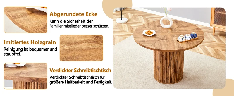 Ensemble de table à manger ronde effet bois 100 cm avec 4 chaises tissu marron MYSTICARA