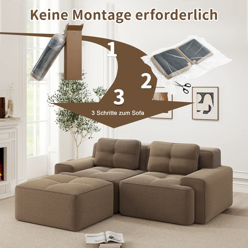 Canapé d'angle modulable en velours côtelé marron, grand confort, 204x177cm MOMENTUMNEXXX