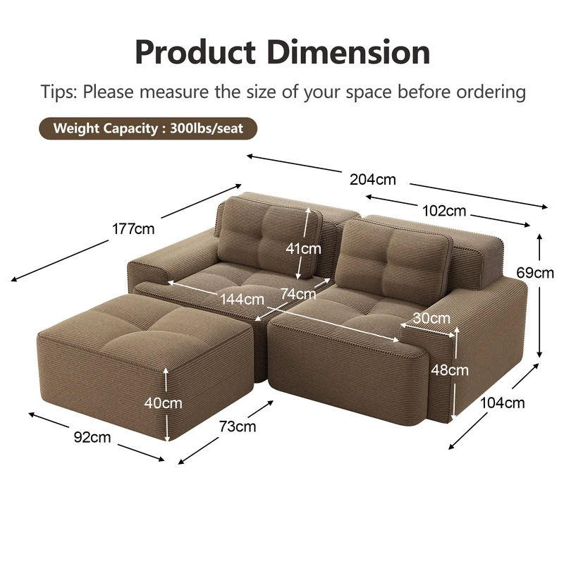 Canapé d'angle modulable en velours côtelé marron, grand confort, 204x177cm MOMENTUMNEXXX