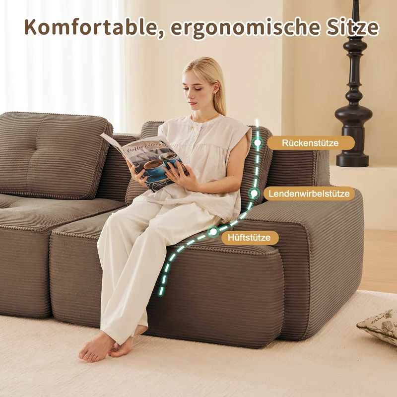 Canapé d'angle modulable en velours côtelé marron, grand confort, 204x177cm MOMENTUMNEXXX