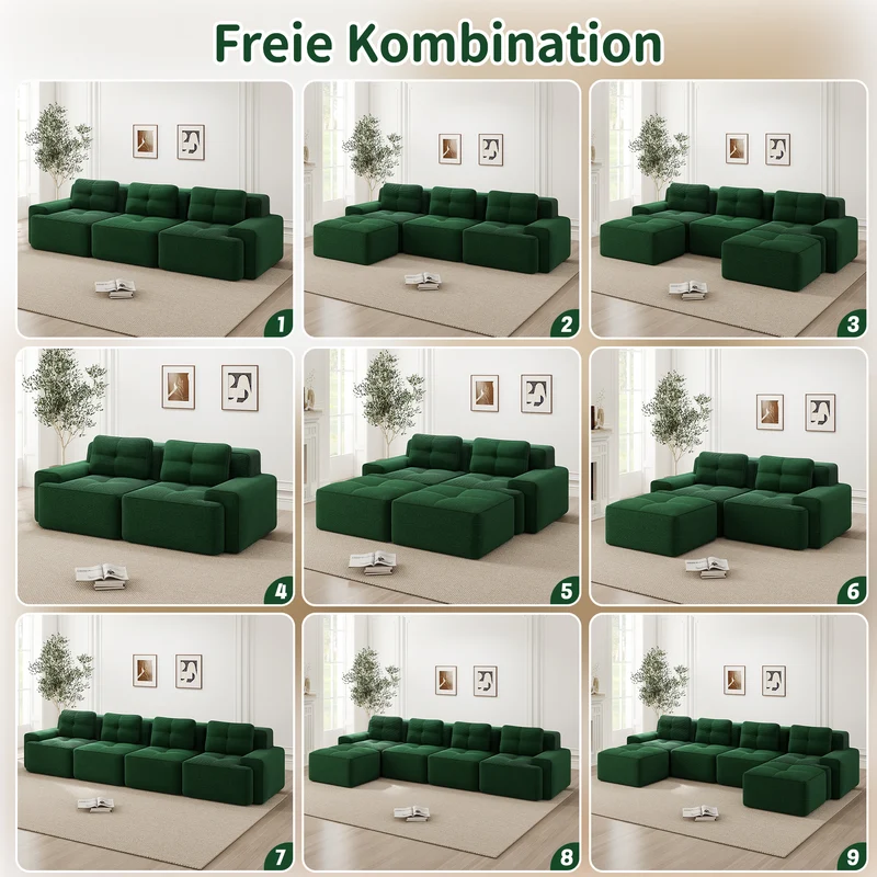 Canapé d'angle 3 places modulable en velours côtelé vert sans montage MOMENTUMVEXX