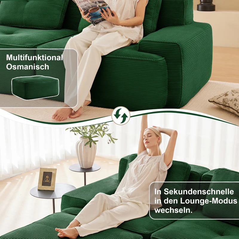 Canapé d'angle 3 places modulable en velours côtelé vert sans montage MOMENTUMVEXX