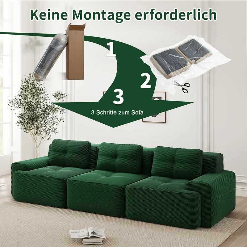 Canapé 3 places modulable en velours côtelé vert sans montage MOMENTUMRIFTZ