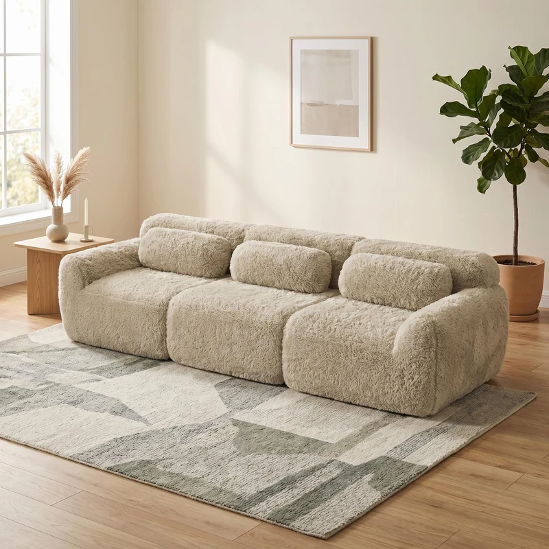 Canapé 3 places en tissu peluche premium beige avec coussins sans montage MOMENTUMCLARRR