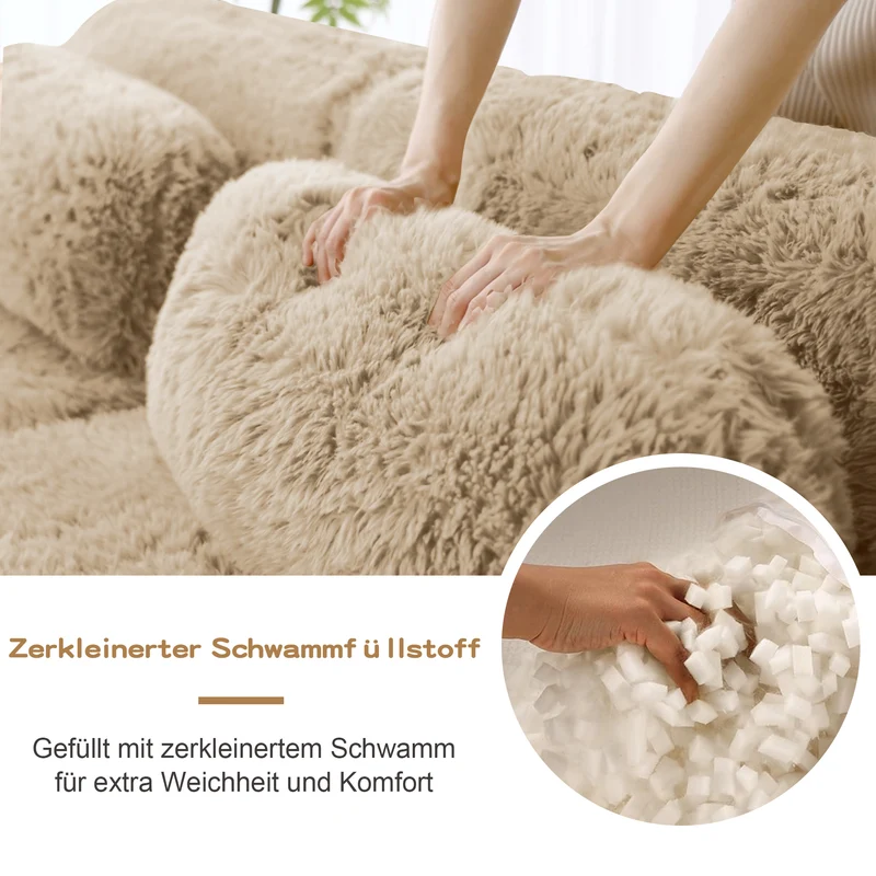 Canapé 3 places en tissu peluche premium beige avec coussins sans montage MOMENTUMCLARRR