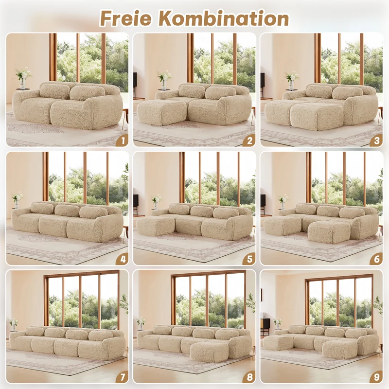 Canapé 3 places en tissu peluche premium beige avec coussins sans montage MOMENTUMCLARRR