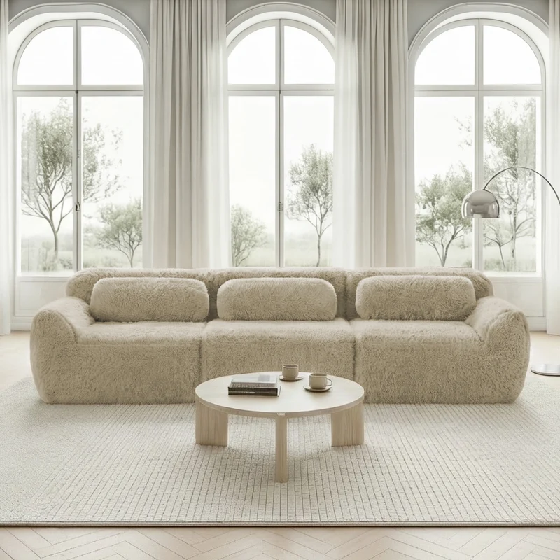 Canapé 3 places en tissu peluche premium beige avec coussins sans montage MOMENTUMCLARRR