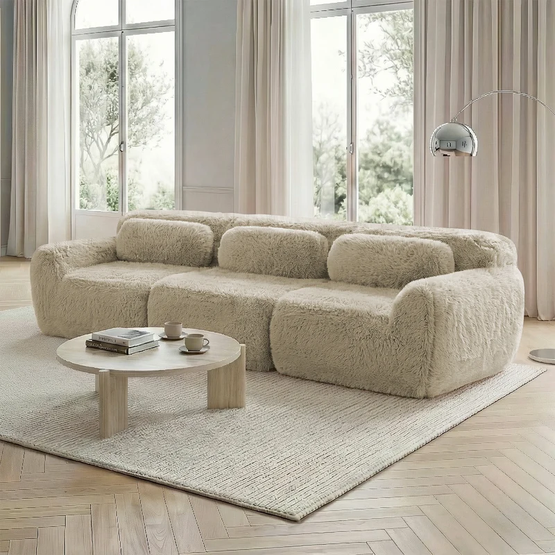 Canapé 3 places en tissu peluche premium beige avec coussins sans montage MOMENTUMCLARRR