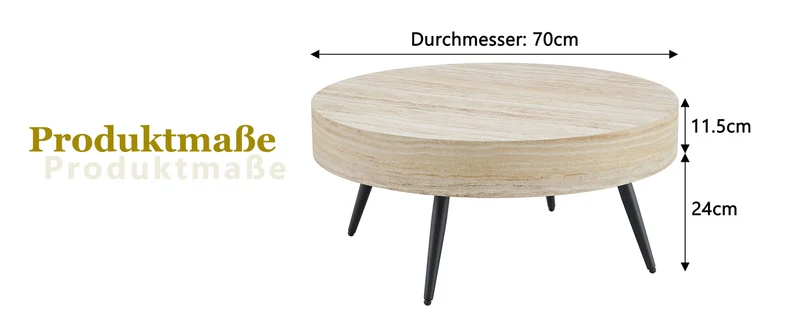 Table basse ronde effet travertin clair & pieds métal noir 70*70cm MERIDIANRIFTA