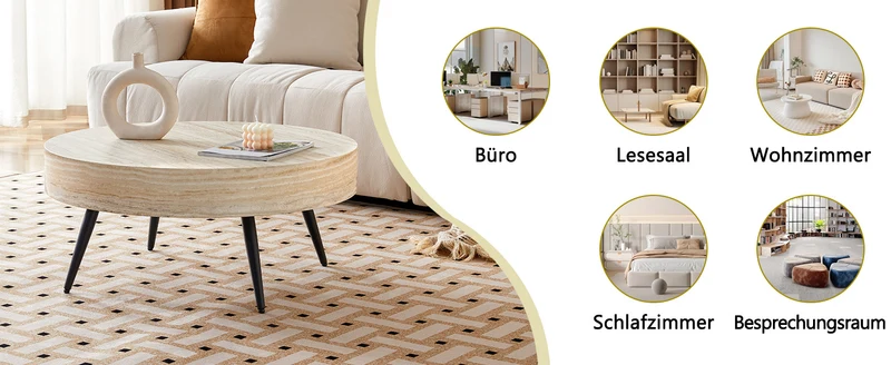 Table basse ronde effet travertin clair & pieds métal noir 70*70cm MERIDIANRIFTA