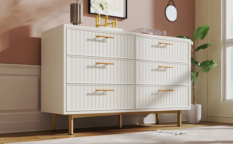 Buffet blanc design rayuré 6 tiroirs détails dorés 120x75x40 cm INFINITEQUASARX
