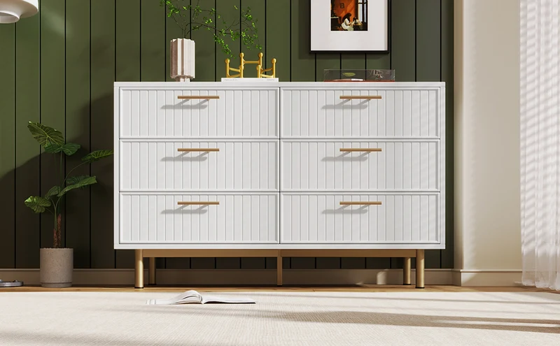 Buffet blanc design rayuré 6 tiroirs détails dorés 120x75x40 cm INFINITEQUASARX