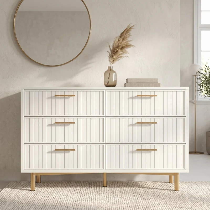 Buffet blanc design rayuré 6 tiroirs détails dorés 120x75x40 cm INFINITEQUASARX