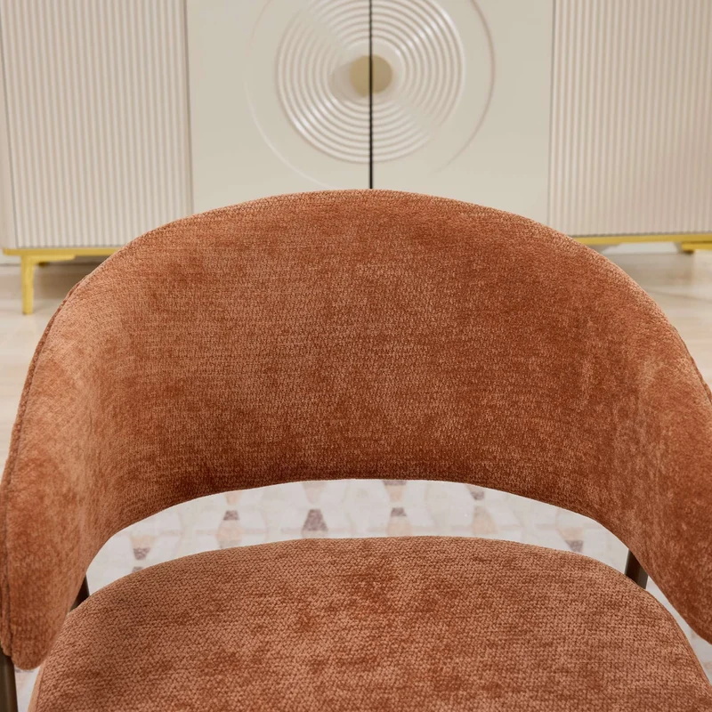 Chaise de salle à manger en chenille orange avec accoudoirs, pieds en laiton antique FLAREMERID