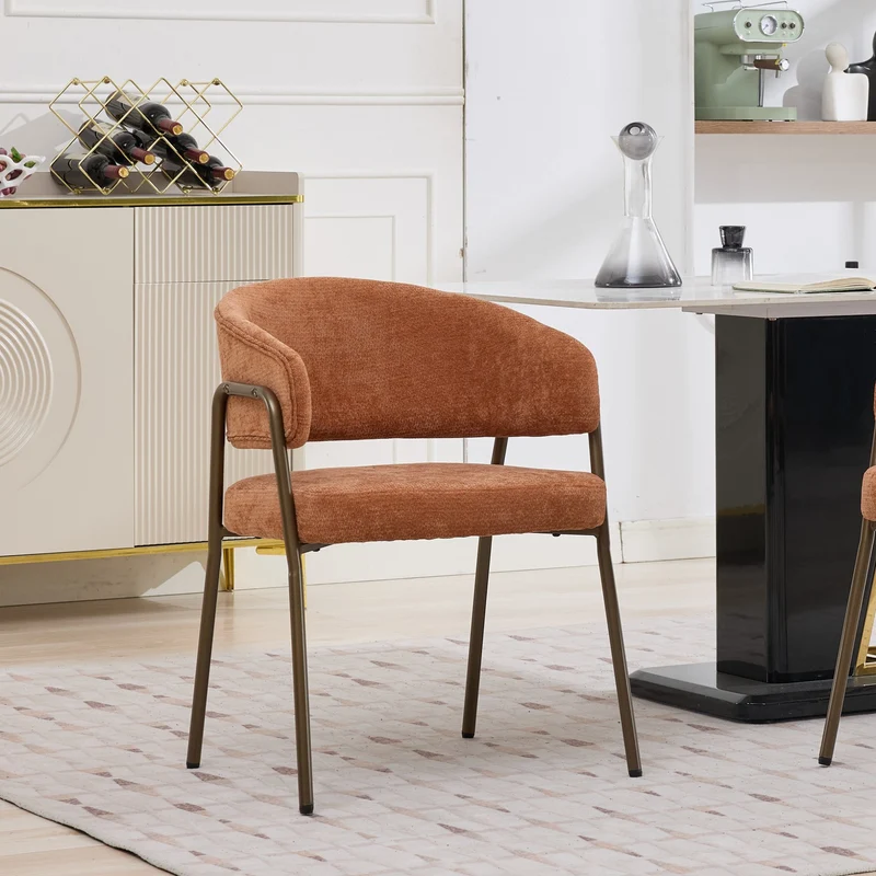 Chaise de salle à manger en chenille orange avec accoudoirs, pieds en laiton antique FLAREMERID