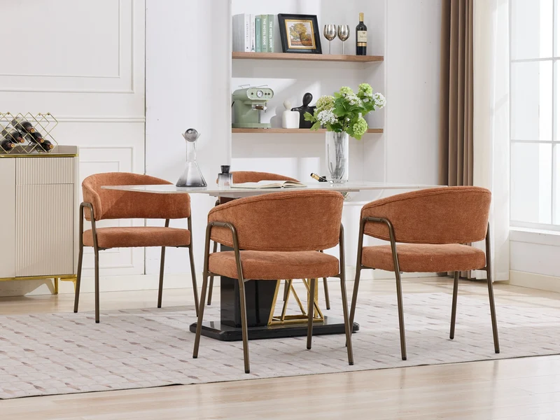 Chaise de salle à manger en chenille orange avec accoudoirs, pieds en laiton antique FLAREMERID