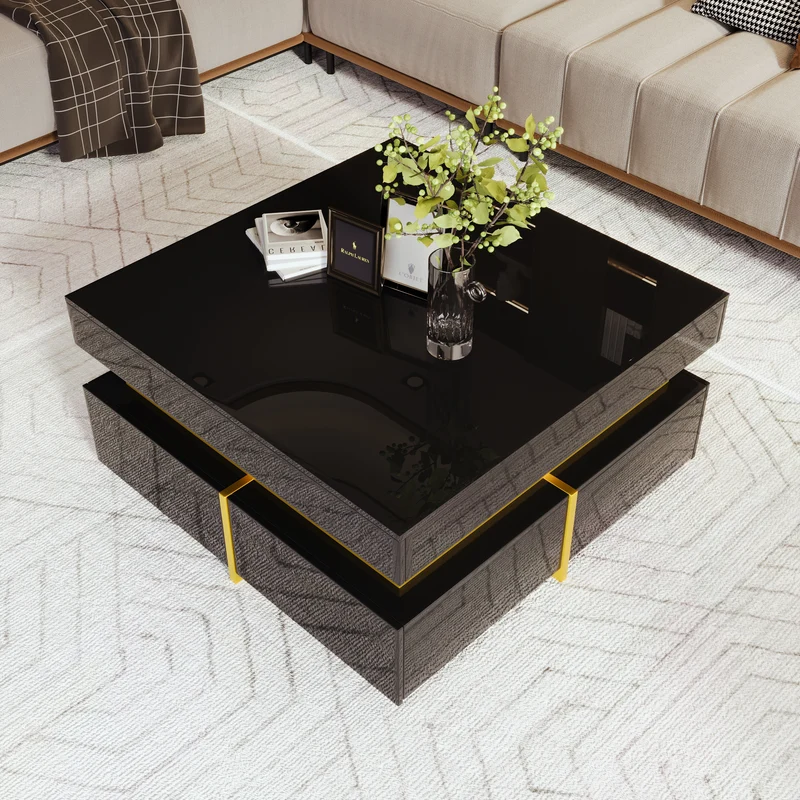 Table basse noir brillant avec 2 tiroirs et accents dorés INFINITERIFTZ