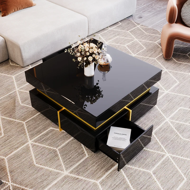 Table basse noir brillant avec 2 tiroirs et accents dorés INFINITERIFTZ